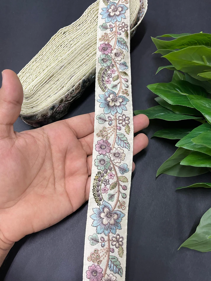 Gorgeous Floral and Leaf Thread Embroidery Lace - Blue Multi